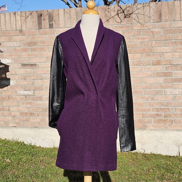 Scoop NYC purple wool & leather coat - Picture 1 of 6